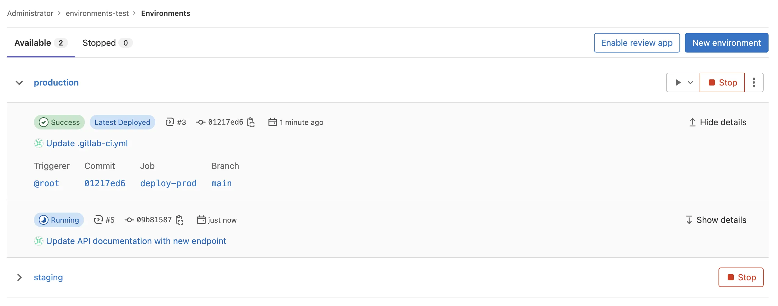 GitLab 프로젝트에서 사용 가능한 환경 목록, 환경 이름, 상태 및 기타 관련 세부 정보를 표시.