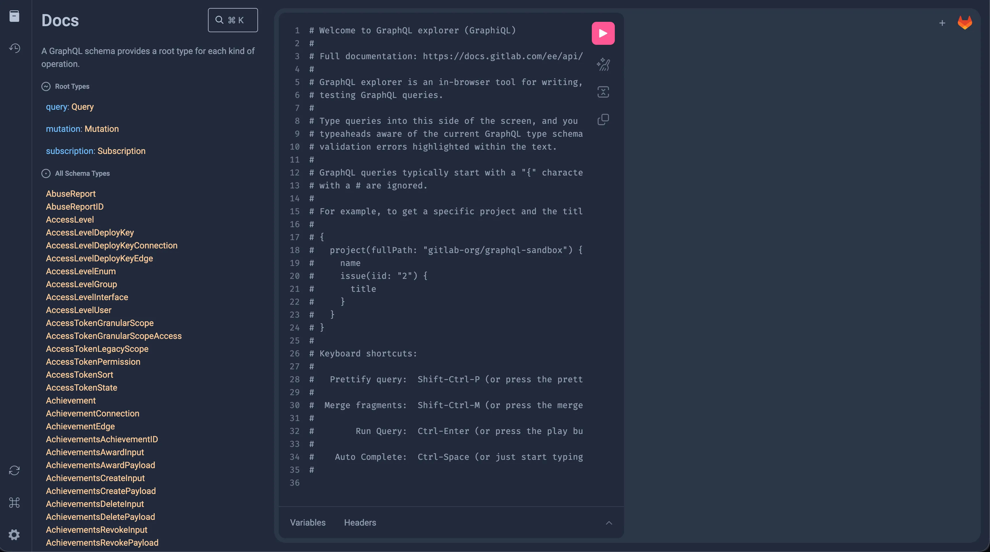 Documentation Explorer의 항목을 보여 주는 GraphiQL 인터페이스