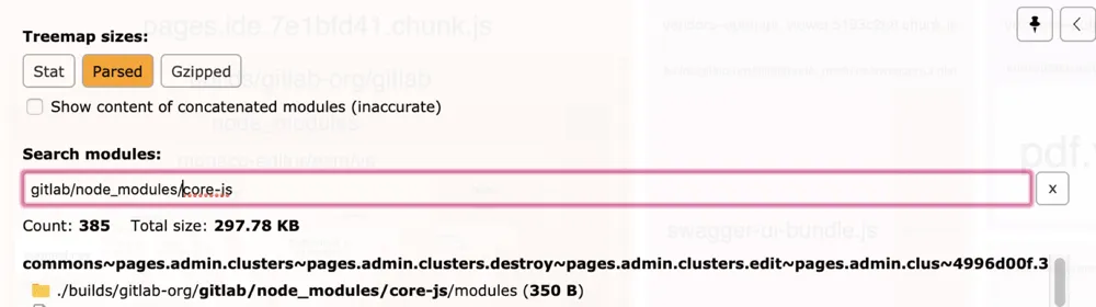 Search modules 필드로 필터링한, 로드 중인 core-js 폴리필 목록과 개수 및 전체 크기