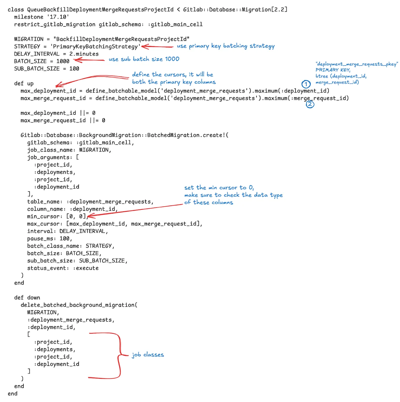 deployment_id와 merge_request_id 칼럼을 사용하는 커서 기반 배치 처리 마이그레이션 코드.