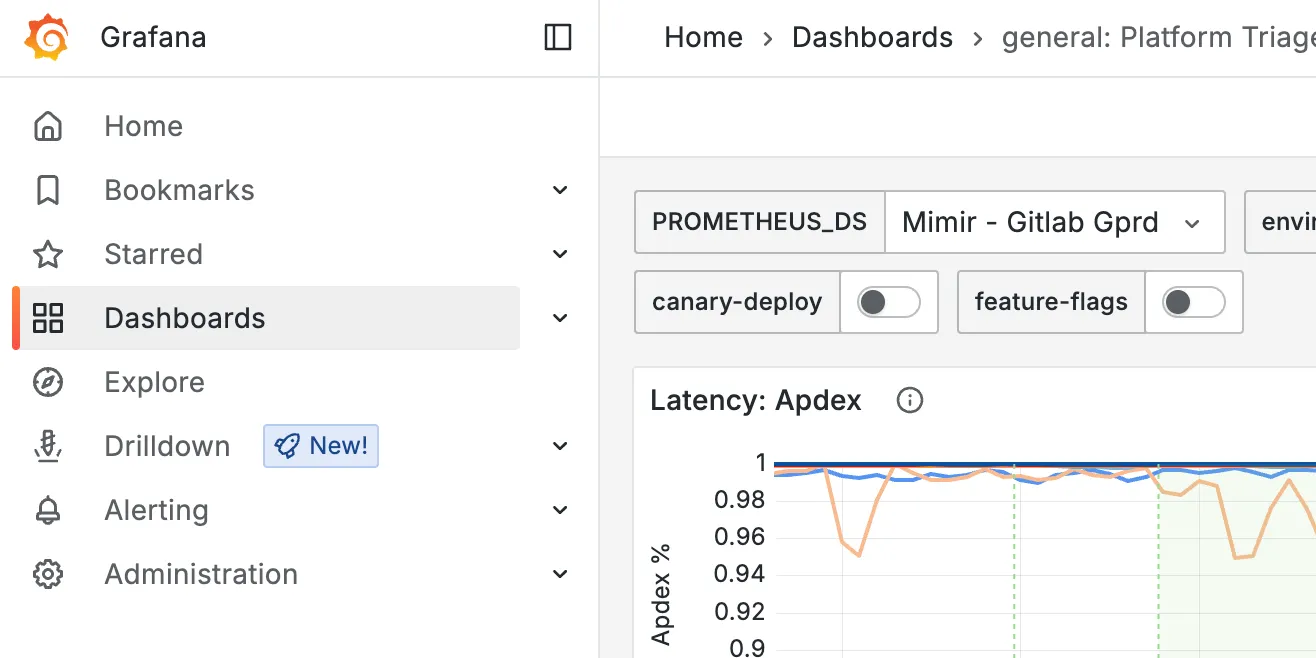 내비게이션 옵션과 Explore 기능이 있는 Grafana 홈페이지.