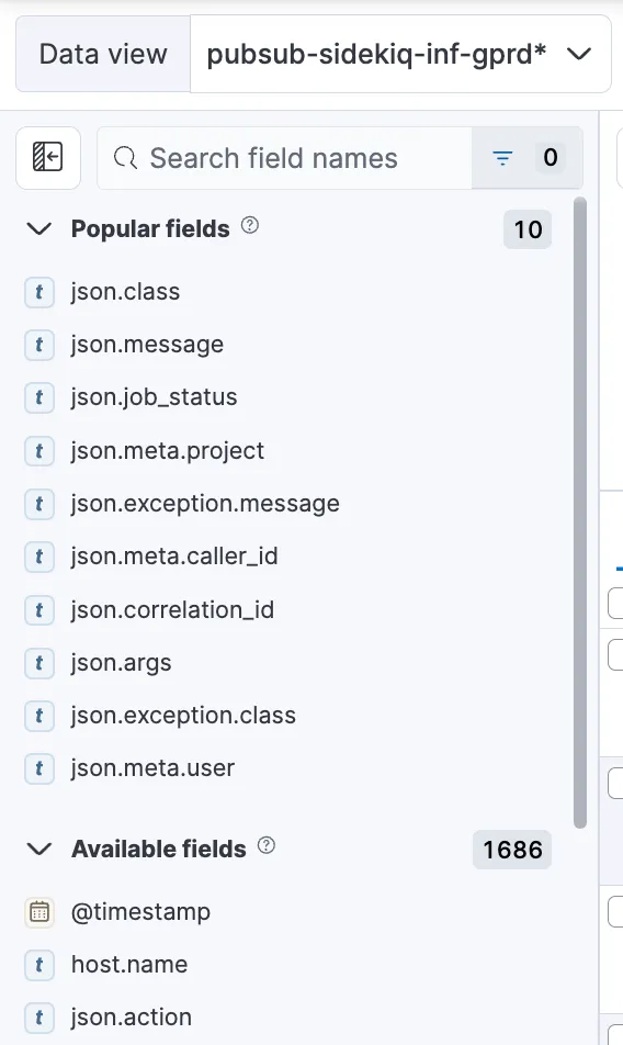 job_class_name과 new_state를 포함해 사용 가능한 로그 필드를 보여 주는 Kibana 필드 패널.