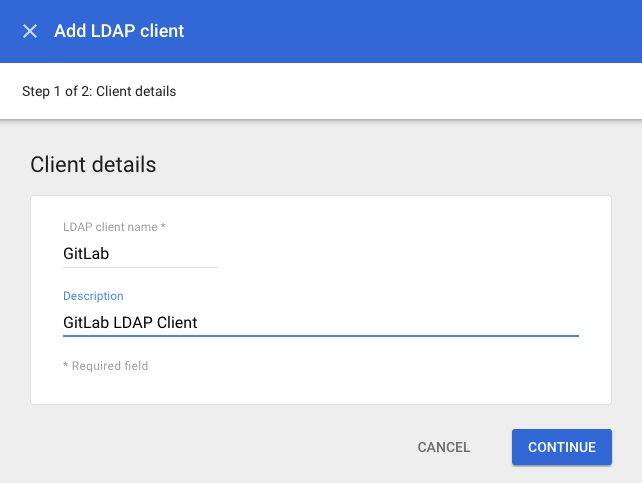 LDAP 클라이언트 추가를 위한 클라이언트 세부 정보가 있는 Google Workspace 창.