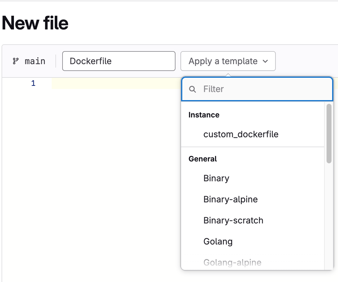 선택할 Dockerfile 템플릿이 드롭다운 목록에 표시되는 새 파일 생성을 위한 GitLab UI.