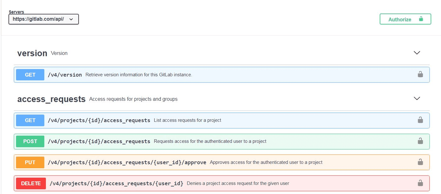 사용 가능한 GitLab API 엔드포인트 목록.