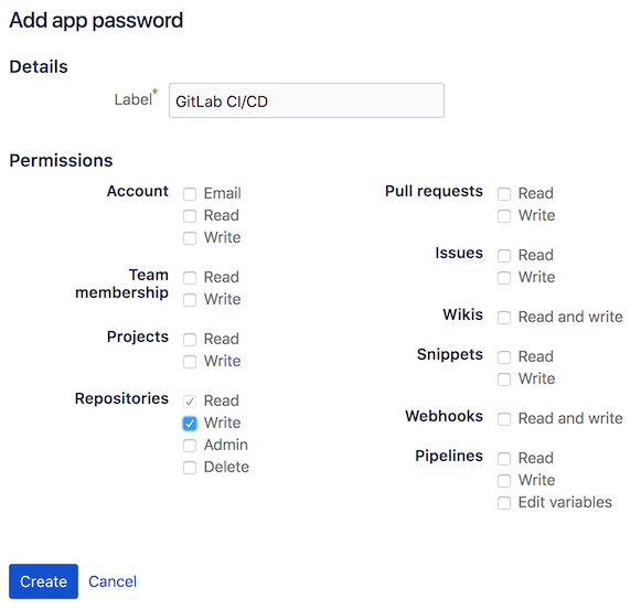 앱 비밀번호 생성 인터페이스를 표시하는 Bitbucket Cloud 페이지.