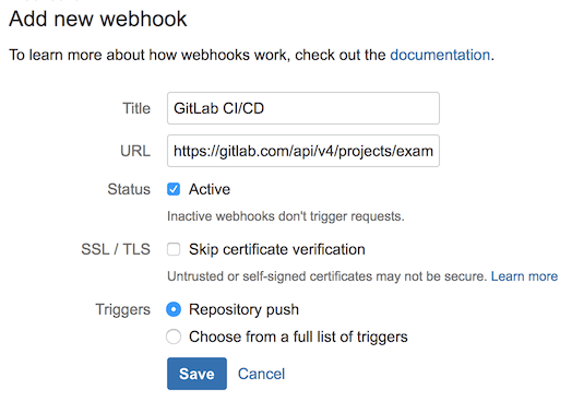 GitLab 미러링을 위한 웹훅 구성을 표시하는 Bitbucket Cloud 저장소 설정 페이지.