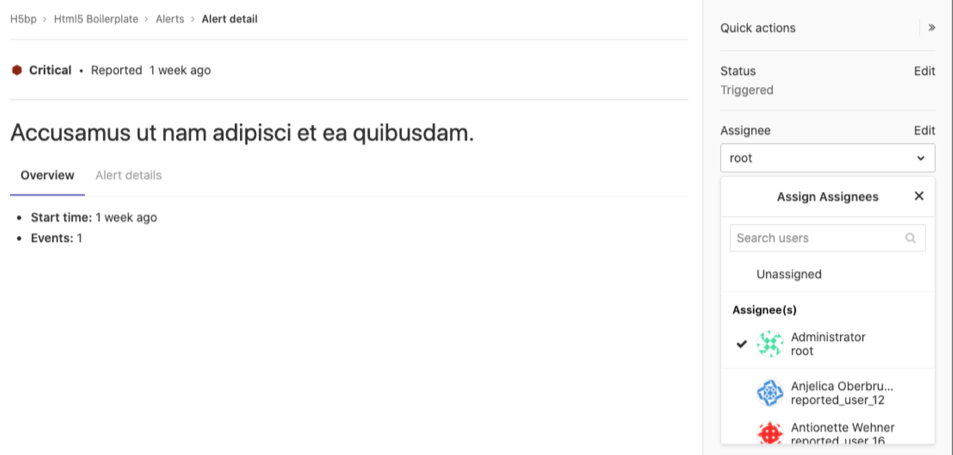 담당자를 할당하거나 취소할 수 있는 담당자 드롭다운 목록이 있는 오른쪽 사이드바가 확장된 경보 상세 페이지
