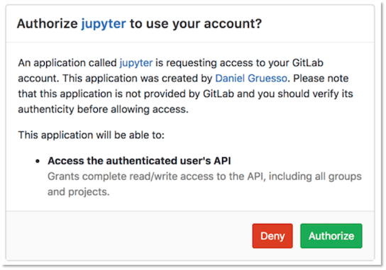 Jupyter가 GitLab 계정에 액세스할 수 있도록 권한을 요청하는 인증 대화 상자.