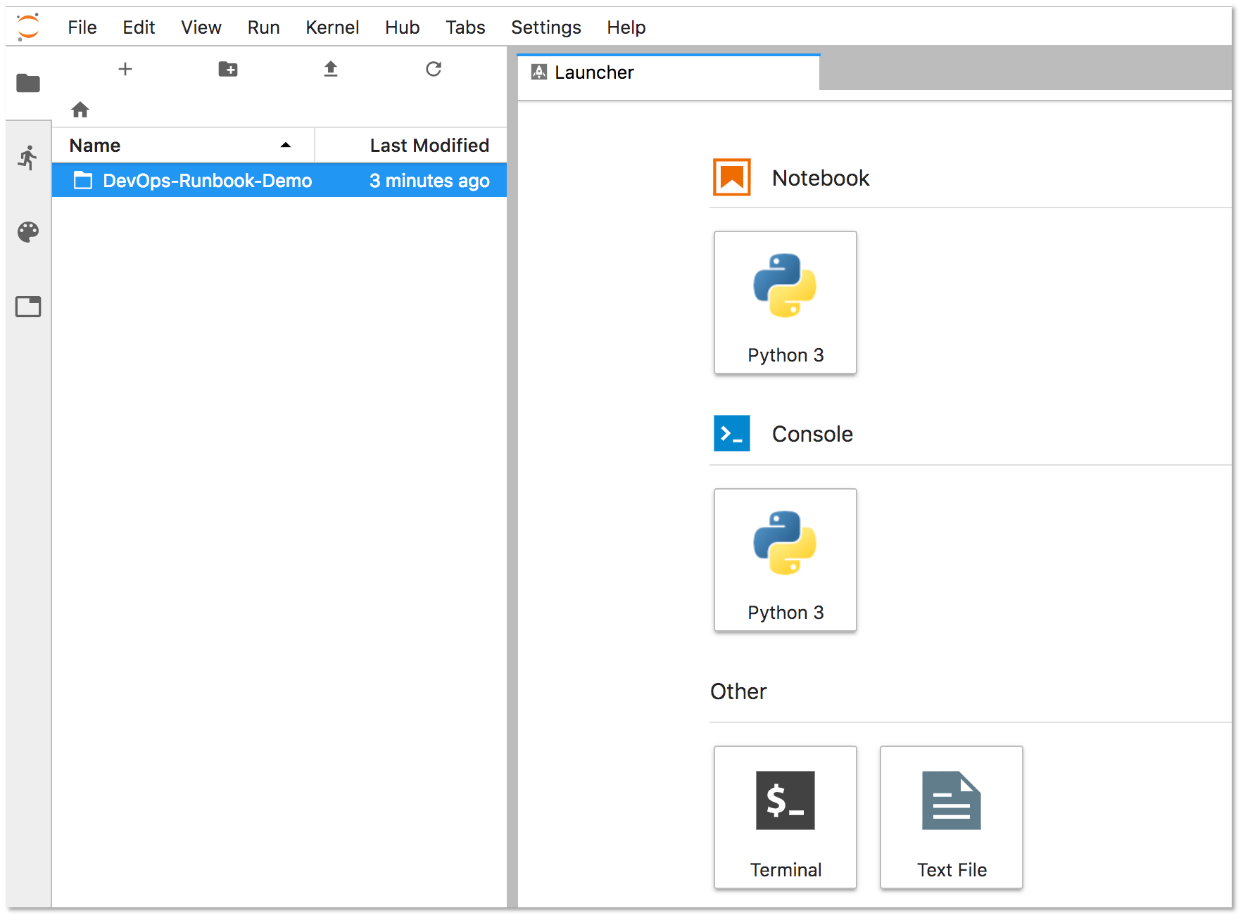파일 브라우저에서 DevOps-Runbook-Demo 폴더를 보여주는 JupyterHub 런처.