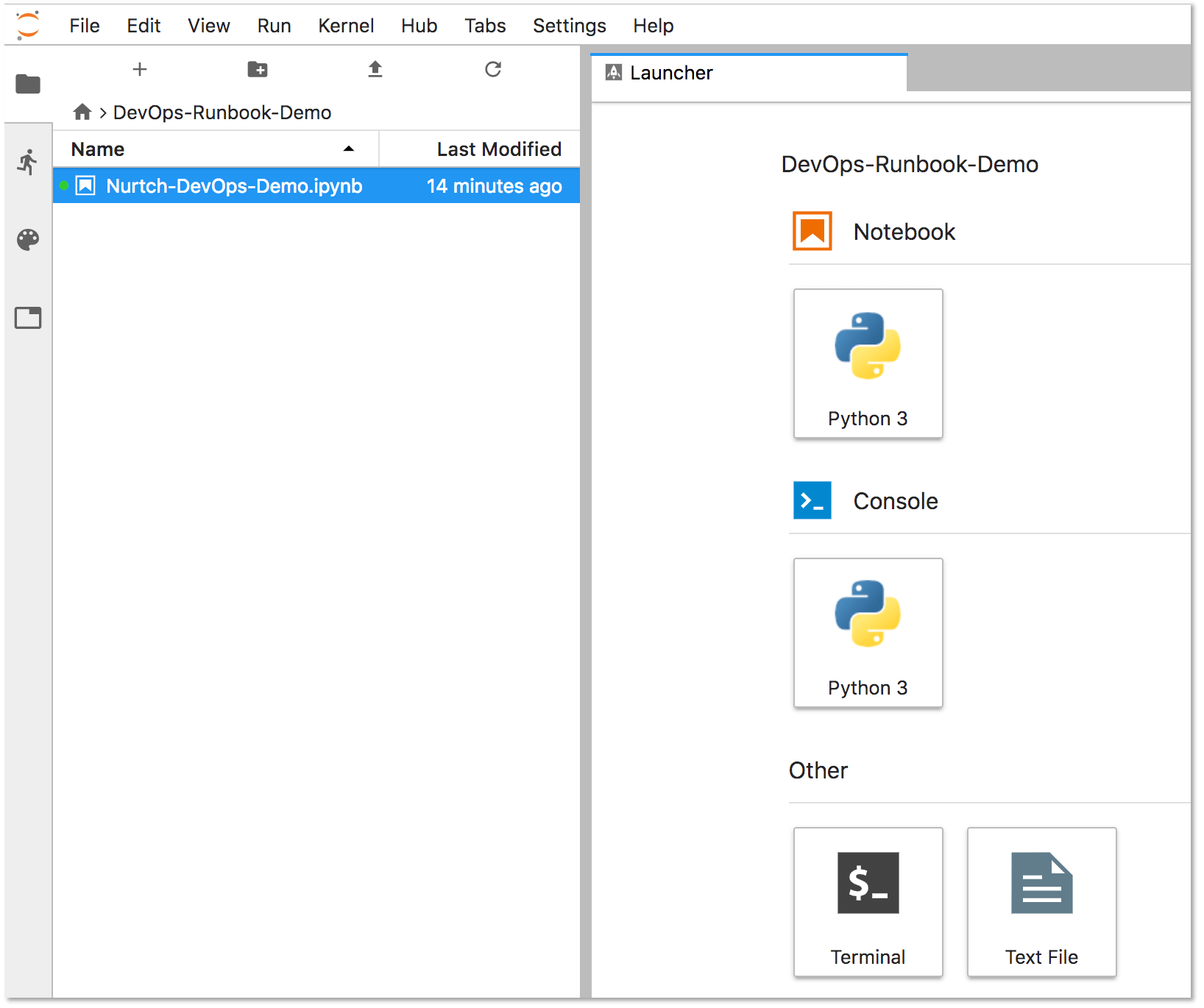 Nurtch-DevOps-Demo.ipynb Runbook이 선택된 JupyterHub 파일 브라우저.