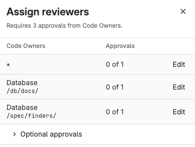 Assign Reviewers 드로어는 3개의 Code Owner 승인이 필요하지만 없는 머지 리퀘스트를 보여줍니다. Code Owner 규칙당 하나의 줄과 승인 규칙당 하나의 줄이 표시됩니다. 각 규칙에 대한 리뷰어를 선택합니다.
