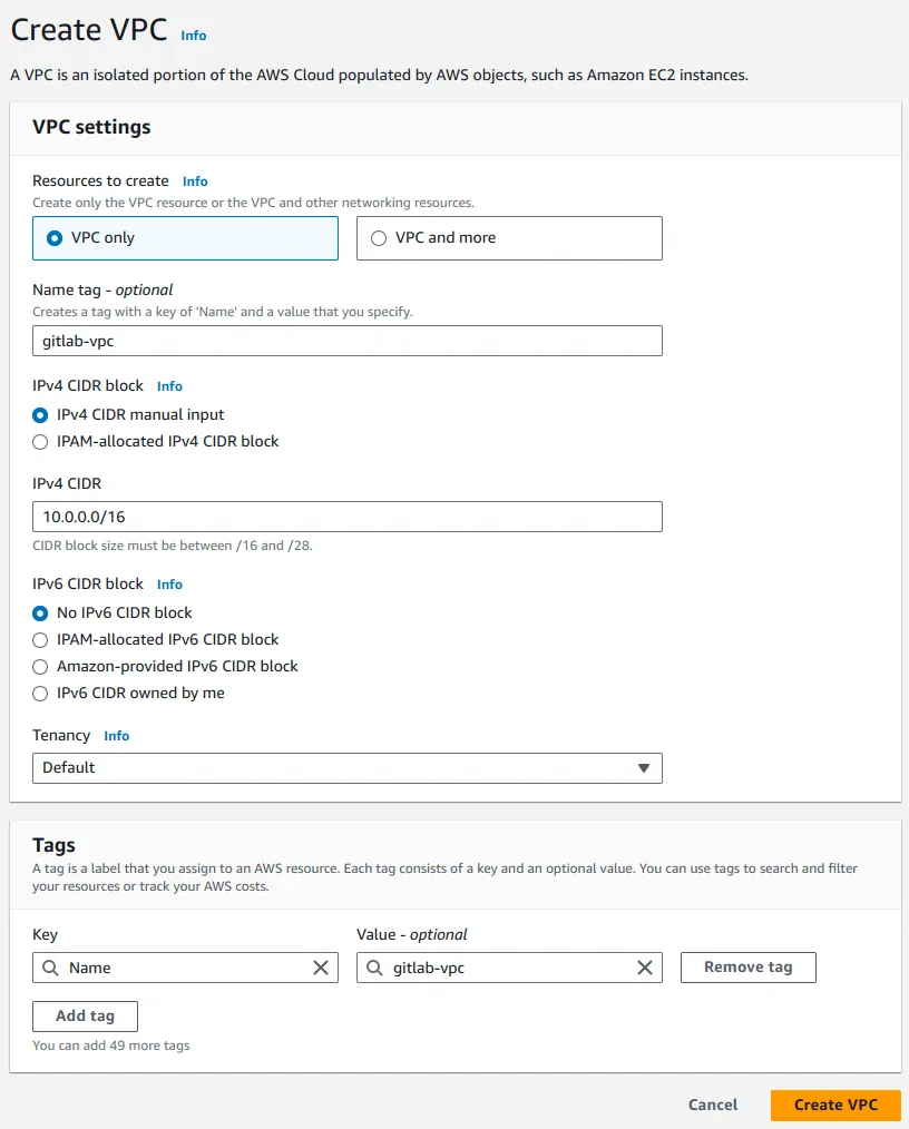 GitLab 클라우드 인프라용 VPC를 생성합니다.