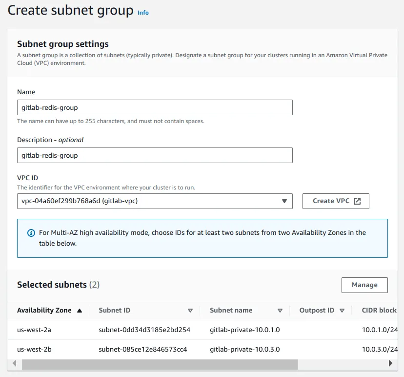 GitLab Redis 그룹용 서브넷 그룹을 생성합니다.
