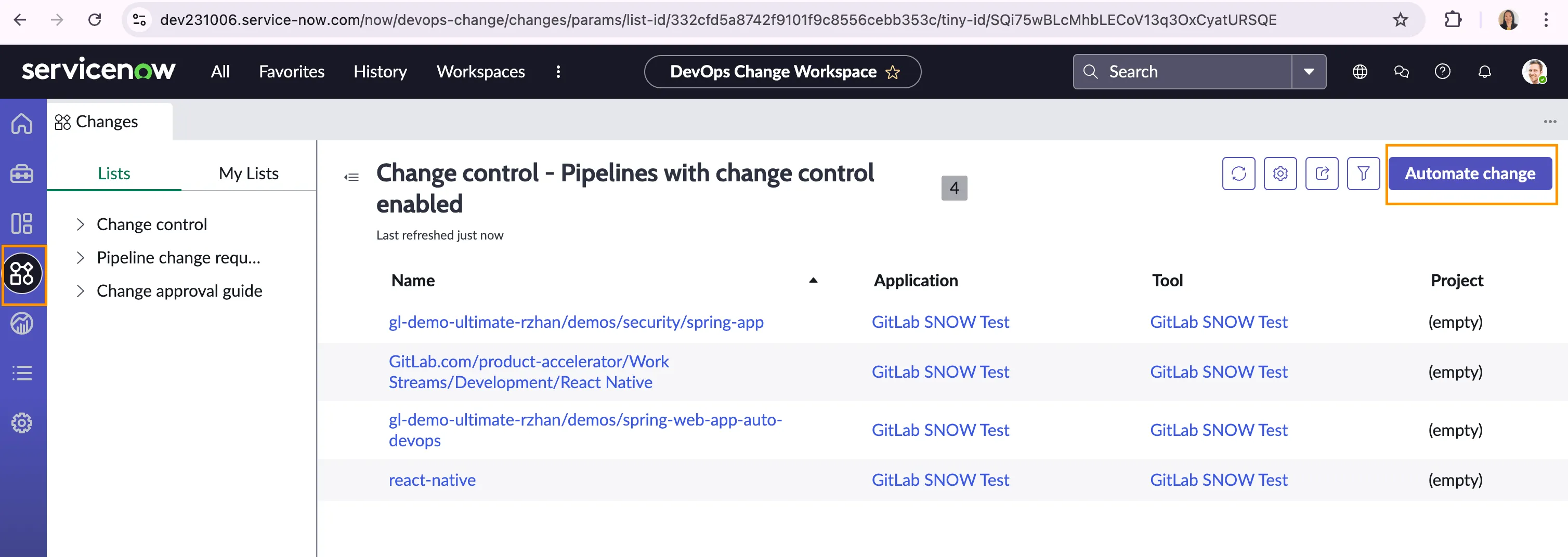 Automate change 옵션이 선택된 DevOps Change Workspace.