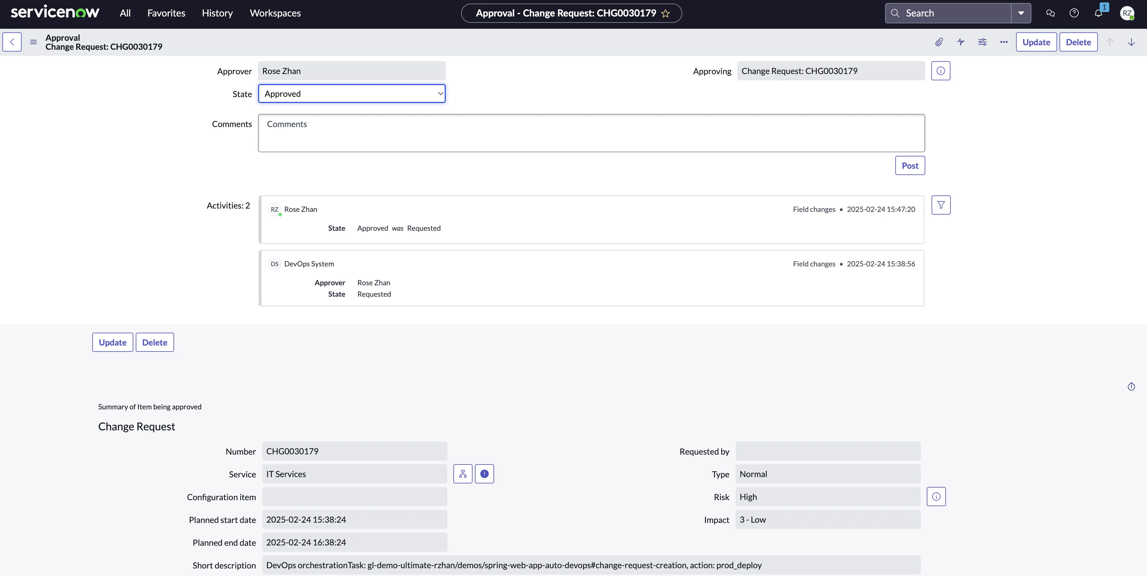 승인됨으로 표시된 ServiceNow 변경 요청.