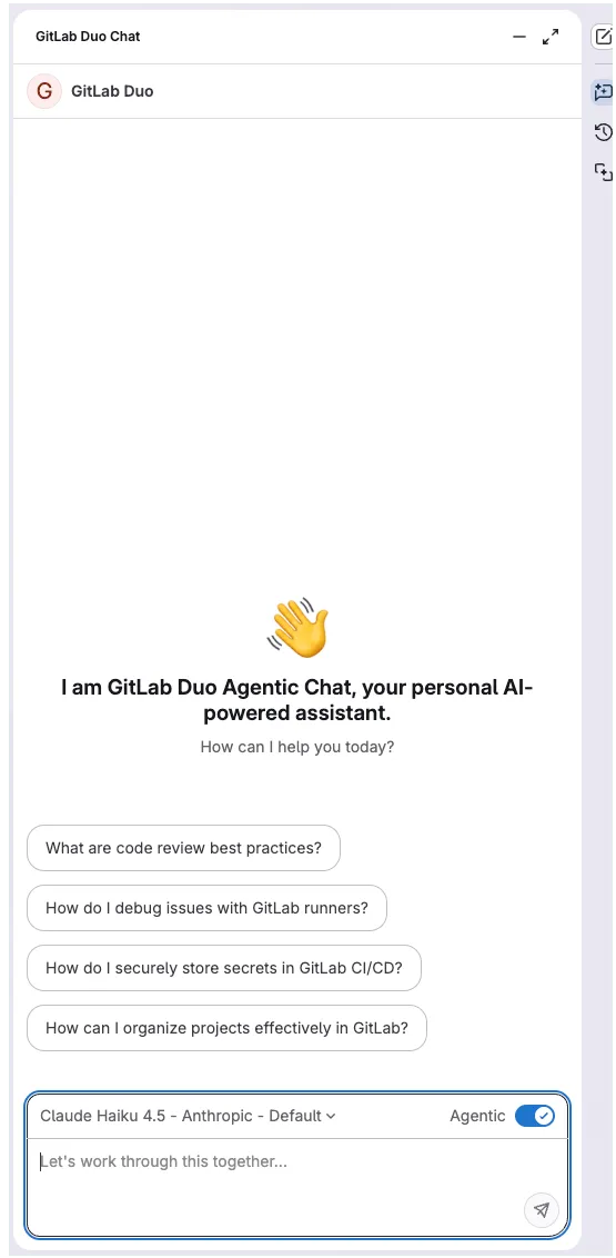 GitLab Duo 패널의 새 빈 채팅.