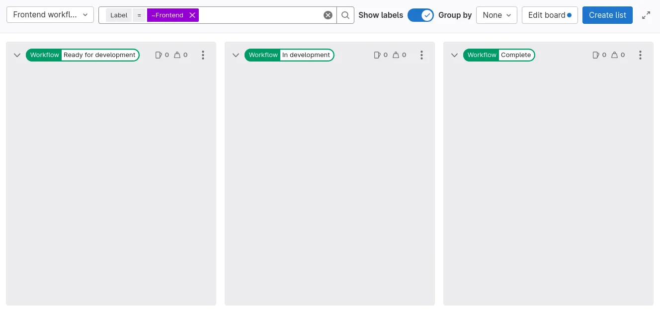세 개의 워크플로우 열이 있는 빈 "Frontend workflow" 이슈 보드