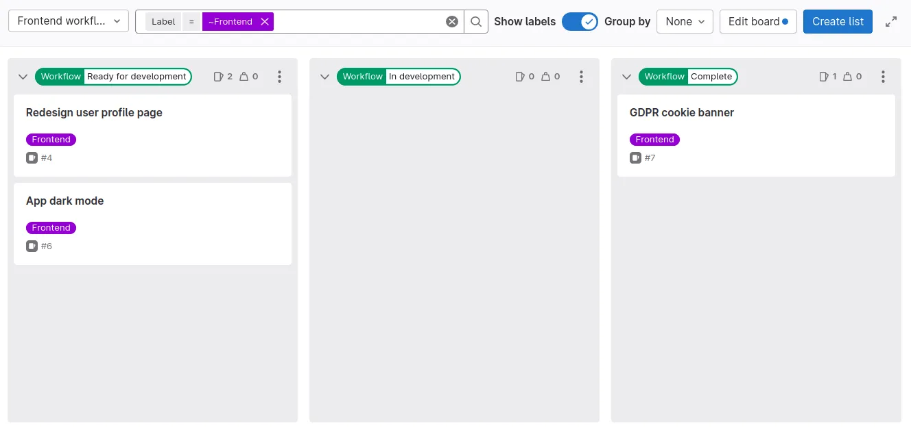 "Frontend workflow" 이슈 보드에서 "UX workflow" 보드의 두 이슈가 "Ready for development" 열에 표시됨