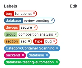 머지 리퀘스트의 레이블 섹션, "database" 및 "type: bug"를 포함한 다양한 색상의 레이블 10개 표시