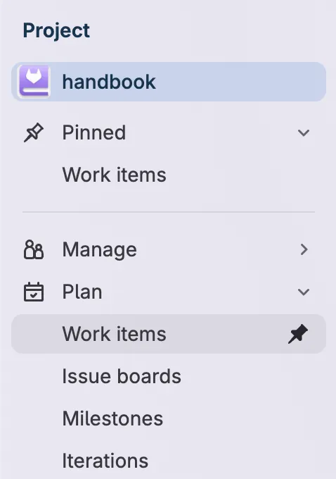 사이드바에서 프로젝트 헤더 아래의 "Manage" 및 "Plan" 메뉴 항목이 표시됩니다. Plan 헤더 아래에 "Work items" 링크가 강조 표시되어 있습니다.