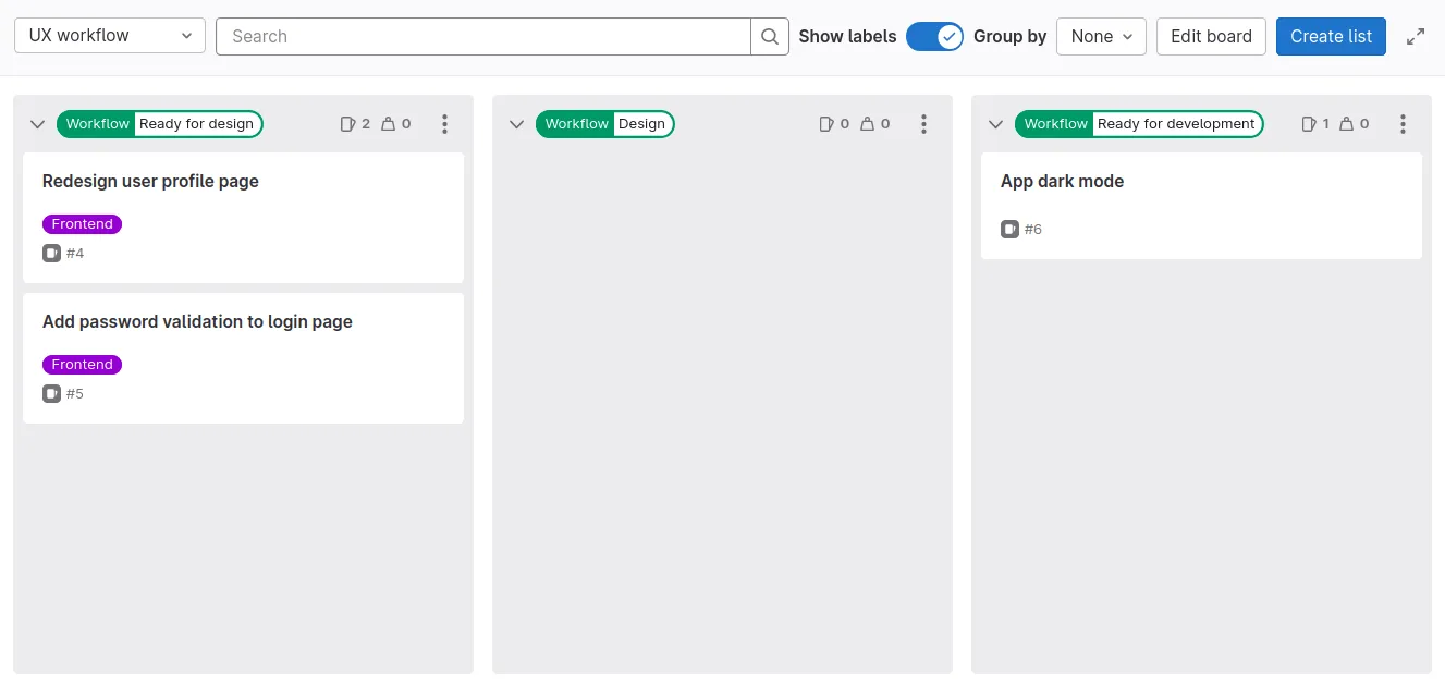 "UX workflow" 이슈 보드와 세 개의 워크플로우 열에 걸친 세 개의 이슈