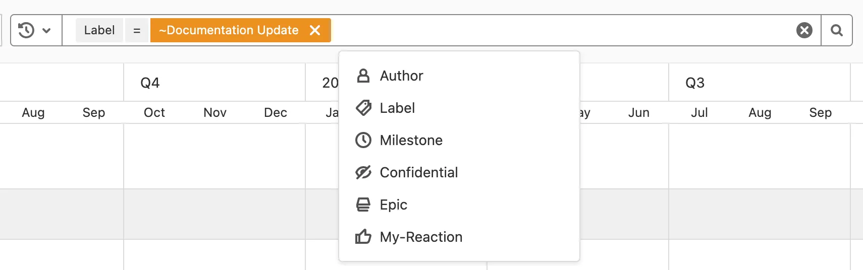 필터 드롭다운에서 추가 필터 옵션을 보여주는 GitLab 에픽 로드맵을 'Documentation Update' 레이블로 필터링.