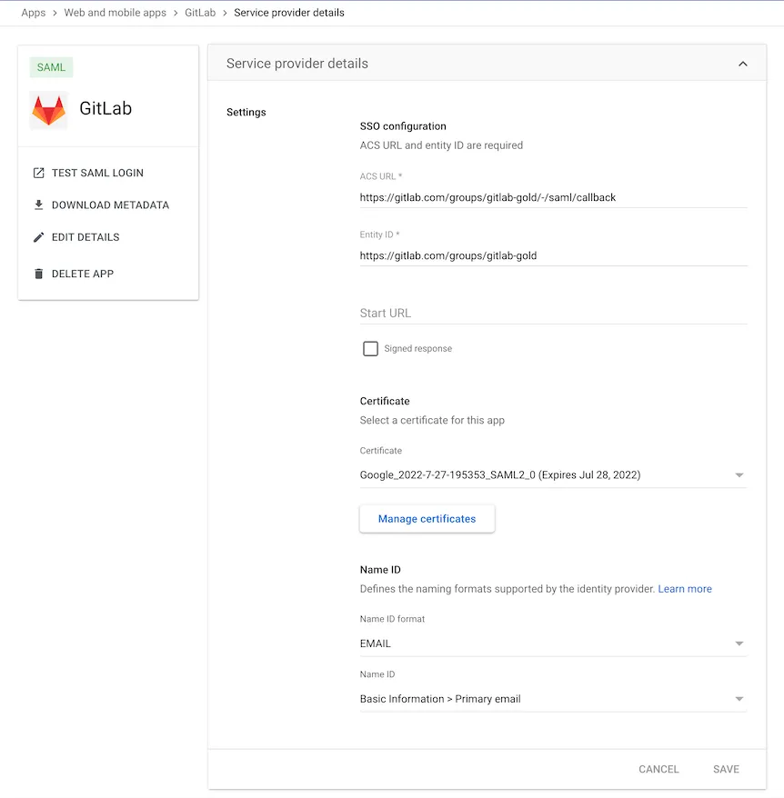 Google Workspace 기본 SAML