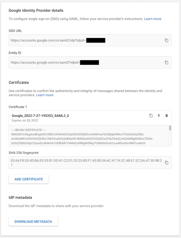 Google Workspace 링크 및 인증서