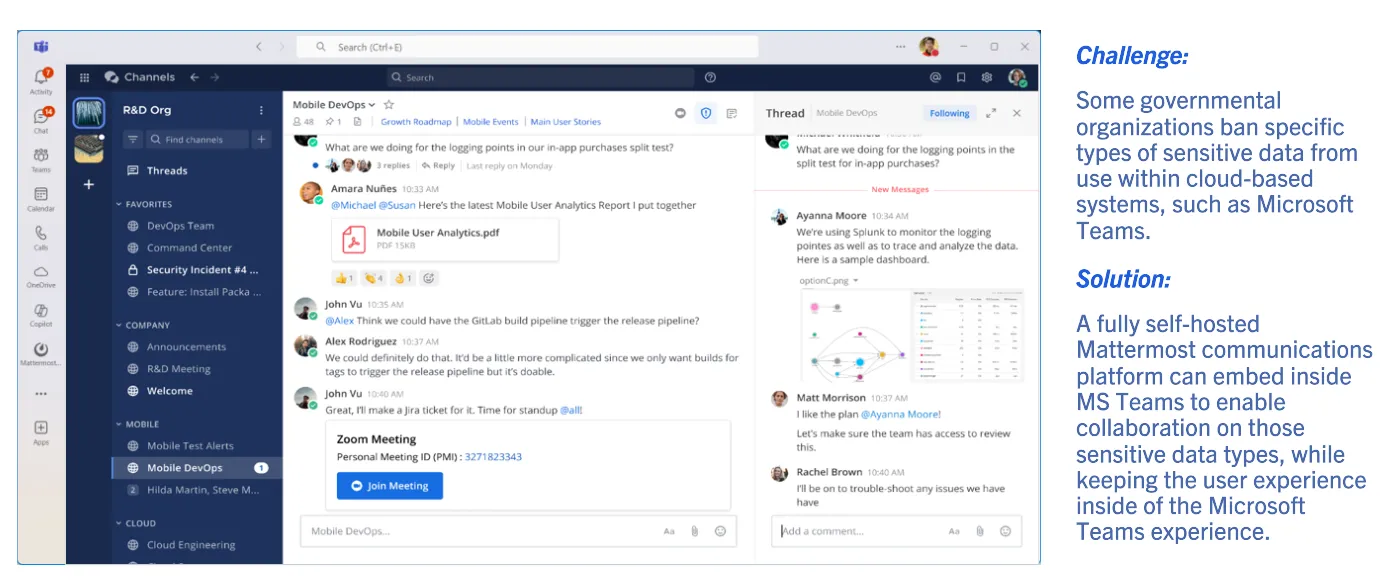 셀프 호스팅 Mattermost 협업이 Microsoft Teams 및 Outlook 사용자 경험에 임베드되어 모든 메시징, 오디오 및 화면 공유 녹화, 전사, 파일 공유, AI 상호작용을 완전히 온프레미스 데이터 저장소에 보관합니다.