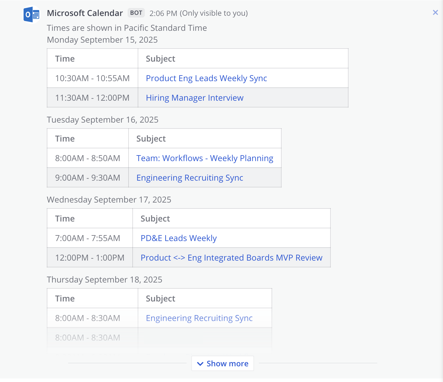 Mattermost에서 Microsoft Calendar 봇으로부터 받은 다이렉트 메시지 예시.