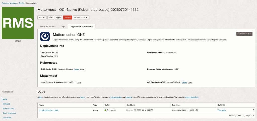 배포, Kubernetes, Mattermost 세부 정보를 보여주는 애플리케이션 정보 탭
