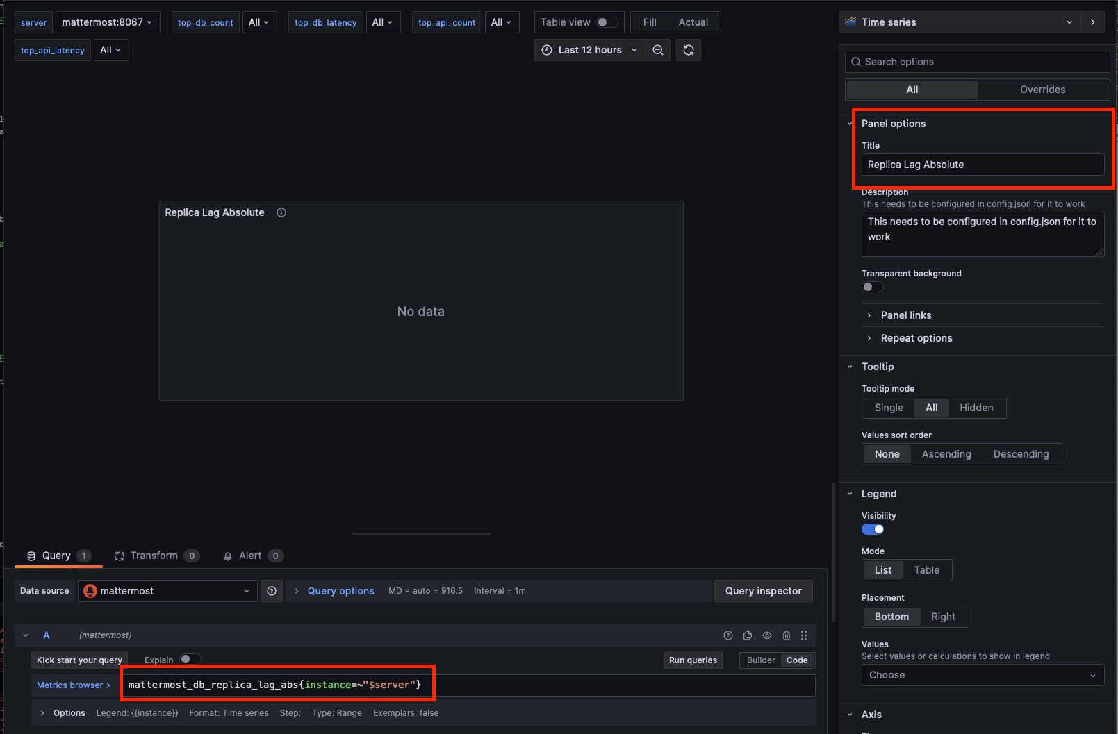 복제한 Grafana 차트에서 수행할 구체적인 편집 내용을 보여 주는 스크린샷.