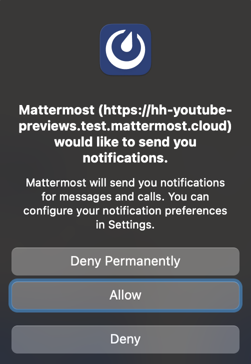 Mattermost 데스크톱 앱 알림 메시지 예시.