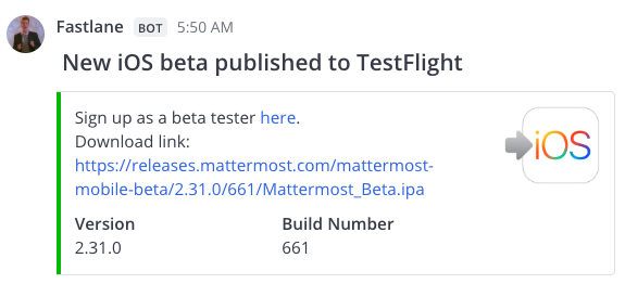 인커밍 웹훅을 사용하여 Mattermost에 게시된 Fastlane 알림 예시.