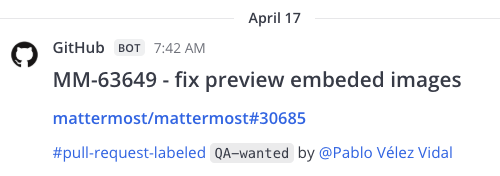 인커밍 웹훅을 사용하여 Mattermost에 게시된 GitHub 알림 예시.