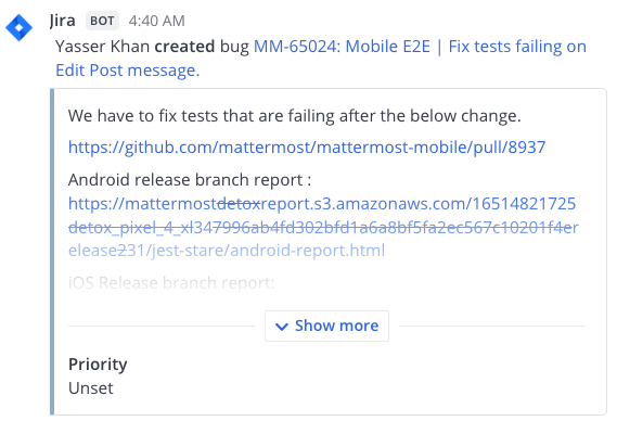 인커밍 웹훅을 사용하여 Mattermost에 게시된 Jira 알림 예시.