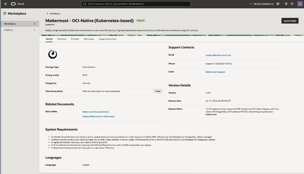 Mattermost - OCI-Native (Kubernetes-based)용 Oracle Cloud Marketplace 목록