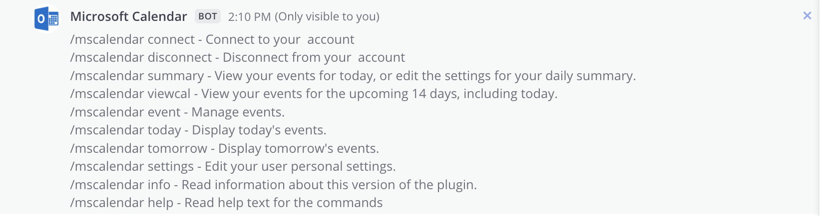 Mattermost에서 Microsoft Calendar에 대해 지원되는 슬래시 명령어 예시.