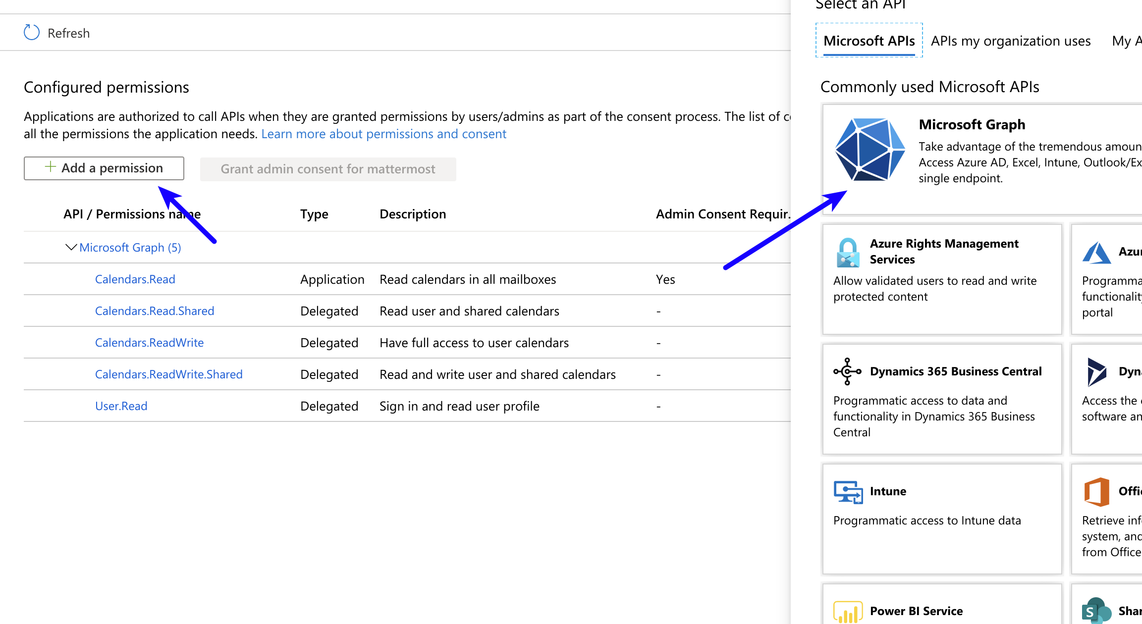 Azure에서 Microsoft Graph에 대한 권한을 추가합니다.