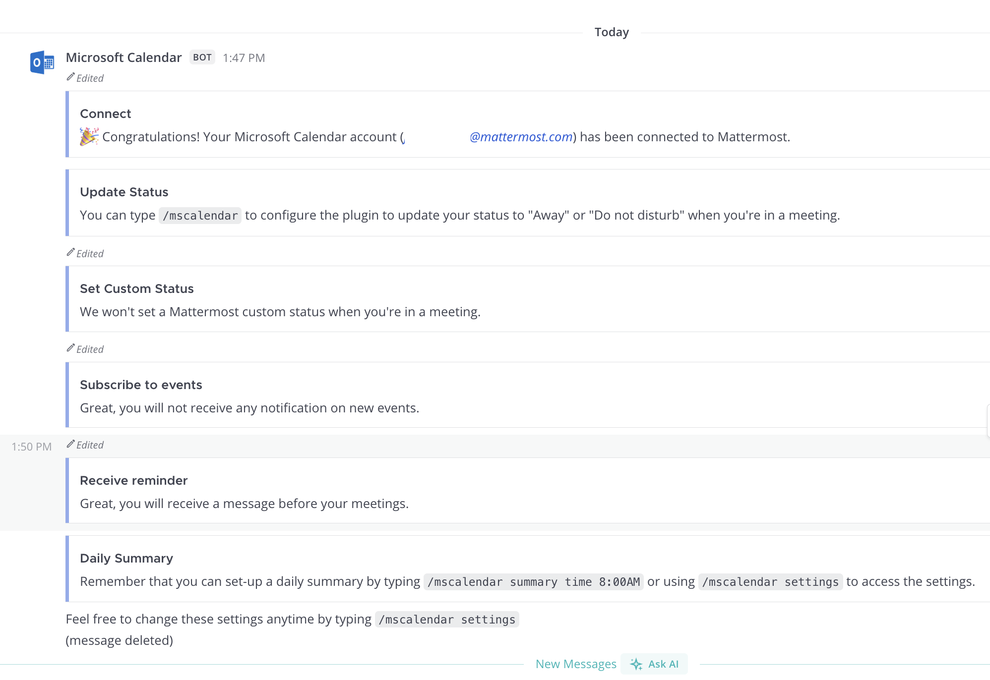 Mattermost에서 Microsoft Calendar 봇으로부터 받은 첫 번째 다이렉트 메시지 예시.