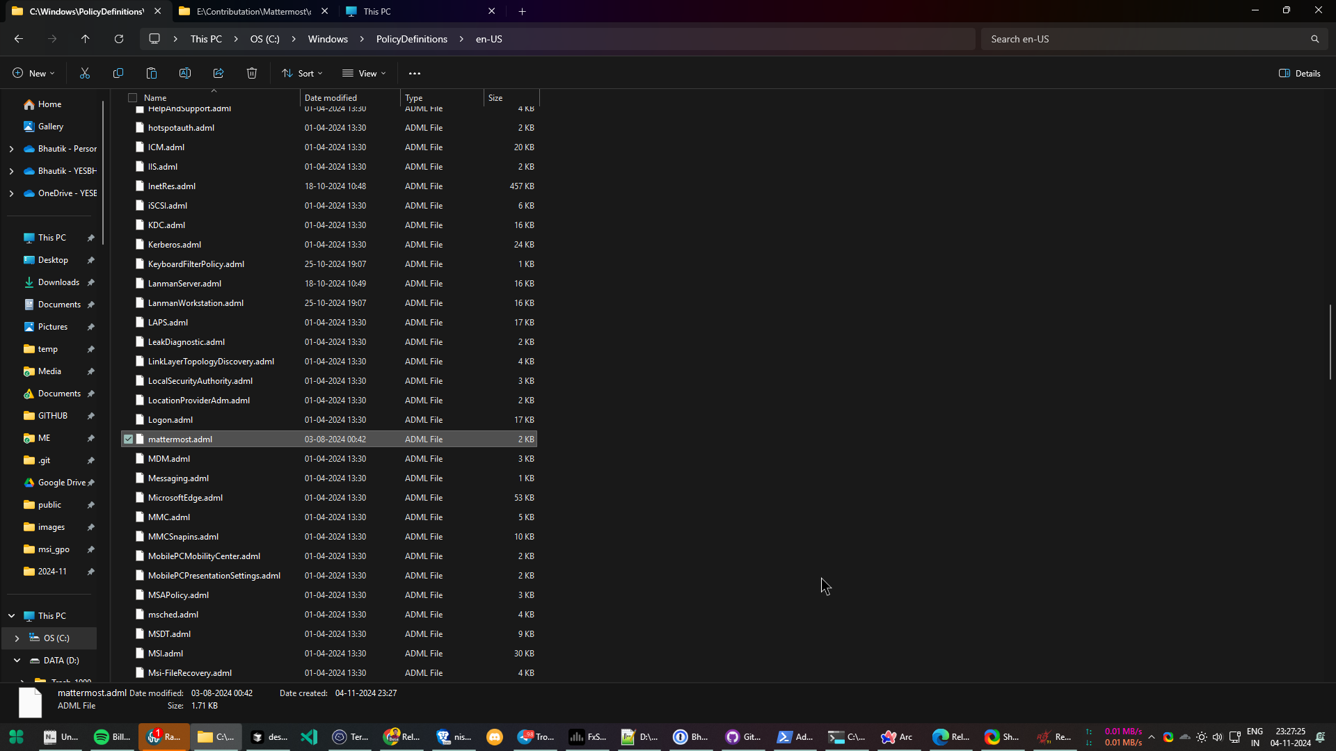 Windows\PolicyDefinitions\en-US 디렉터리에 mattermost.adml 파일이 있는지 확인합니다.