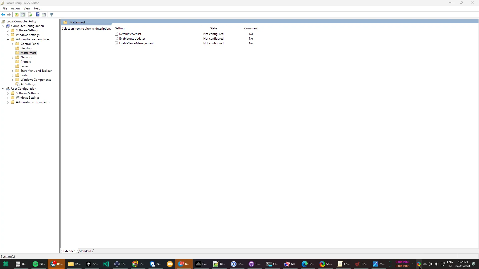 In the Edit group policy window, go to Local Computer Policy > Computer Configuration > Administrative Templates > Mattermost. To set one or more default servers to appear on app launch, for example, double-click on DefaultServerList to begin.