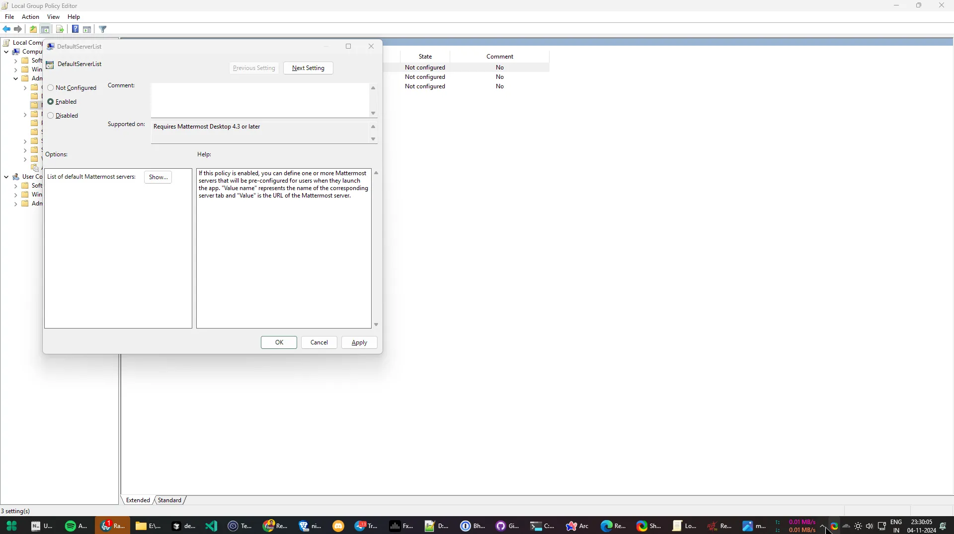 In the DefaultServerList window, enable the feature, then select Show..., located under Options, to add the default servers.