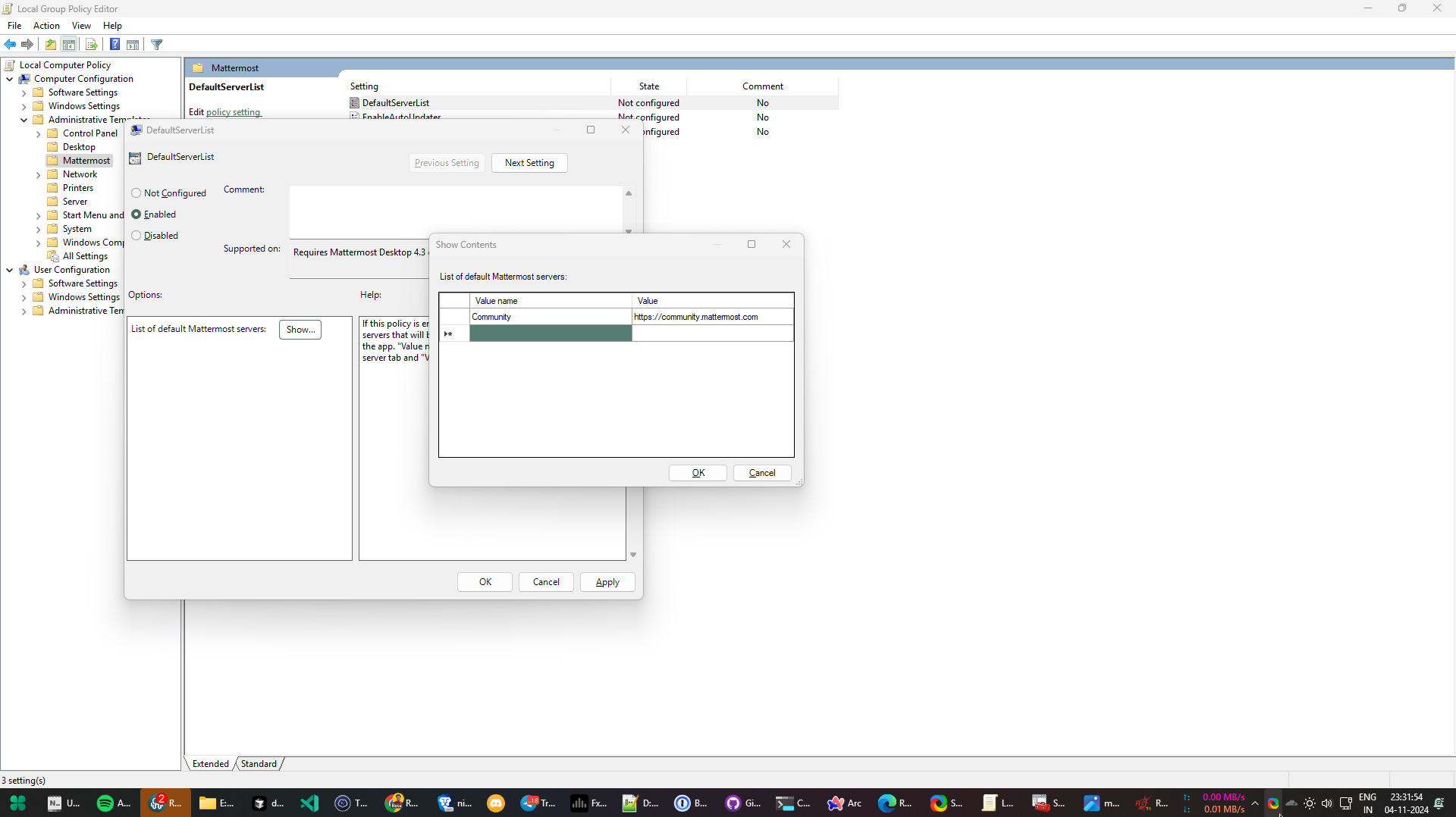 기본 서버를 이름과 URL로 추가한 다음 확인을 두 번 선택하여 Edit group policy 애플리케이션을 닫습니다.