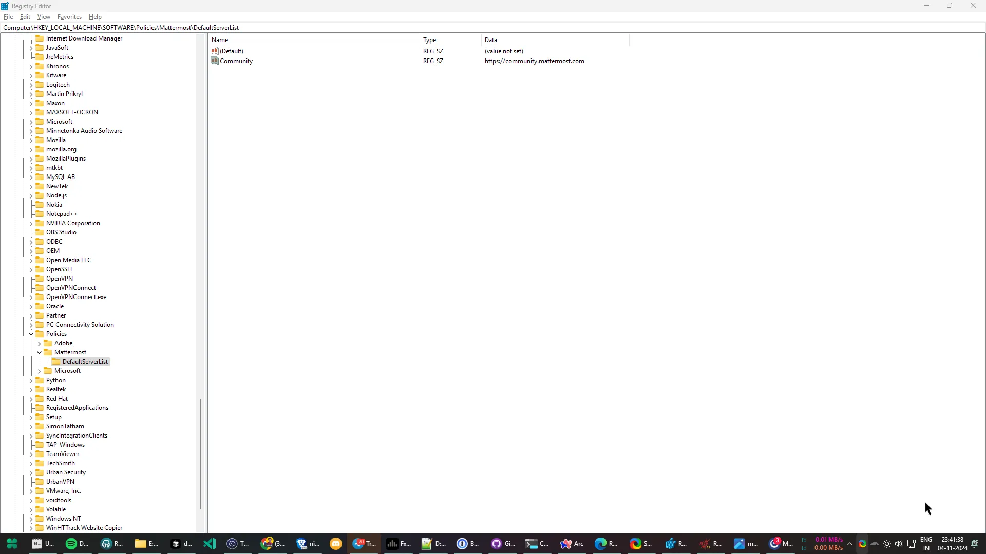 Go to Computer > HKEY_LOCAL_MACHINE > SOFTWARE > Policies > Mattermost > DefaultServerList to veryfiy the servers you added, then close the Registry Editor.