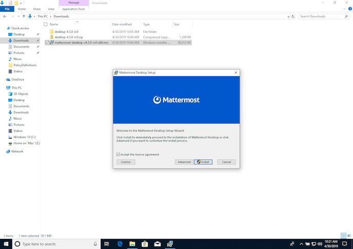 Mattermost 데스크톱 앱을 다운로드한 폴더로 이동하여 MSI 파일을 더블클릭하면 설치 프로세스가 시작됩니다.