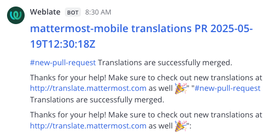 인커밍 웹훅을 사용하여 Mattermost에 게시된 Weblate 알림 예시.