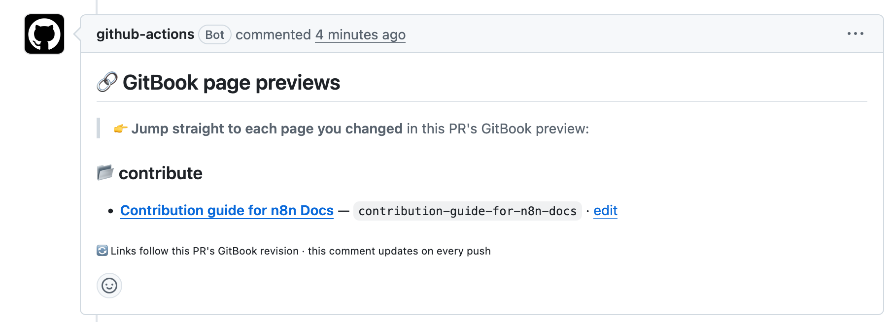 GitBook page previews comment on a pull request