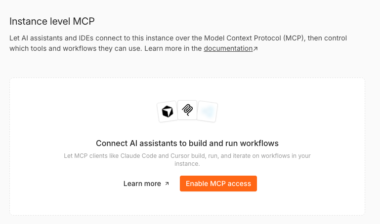 MCP 액세스를 활성화하기 전의 Instance-level MCP 페이지로, Enable MCP access 버튼이 표시됨